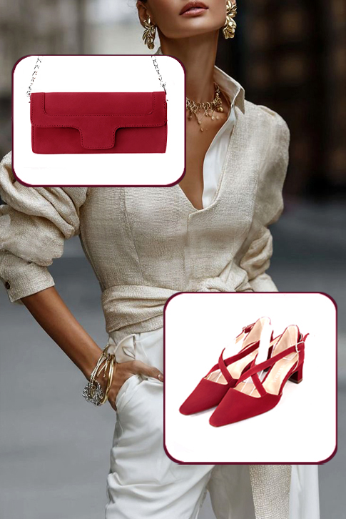 Dress heels closed-back crossed straps in cardinal red leather with kitten heels and tapered toe - Worn view